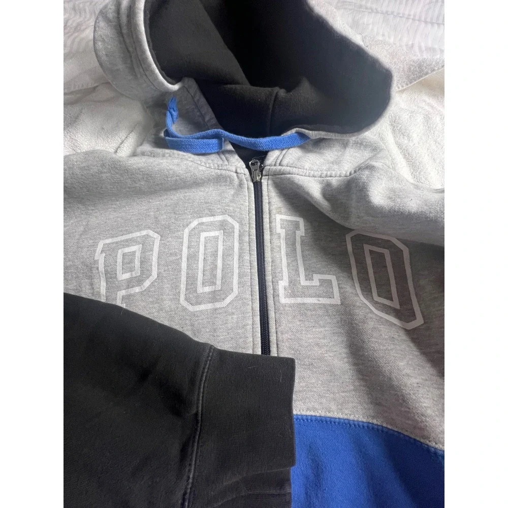 Polo Ralph Lauren Mens XL Hoodie Colorblock Spellout Full Zip Grey Blue RedBlack